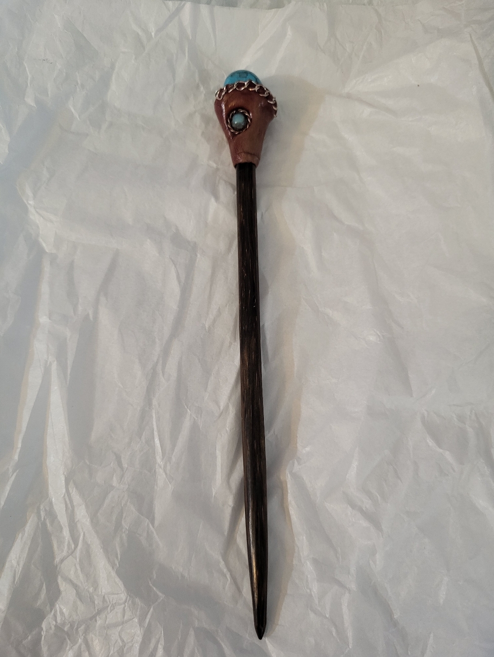 Handmade Cherokee Dark Wood Hair Stick with Turquoise Accent #1263-636